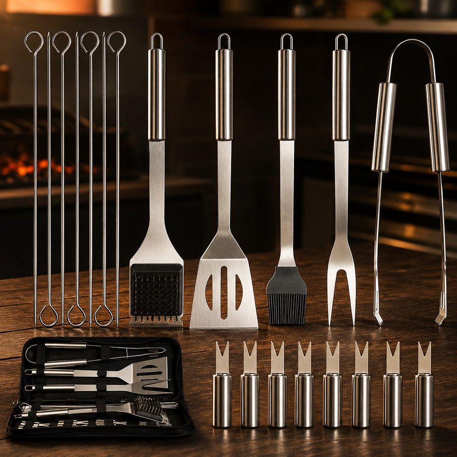 Kit de regalo BrasaIQ de 21 piezas para asador sobre mesa de madera