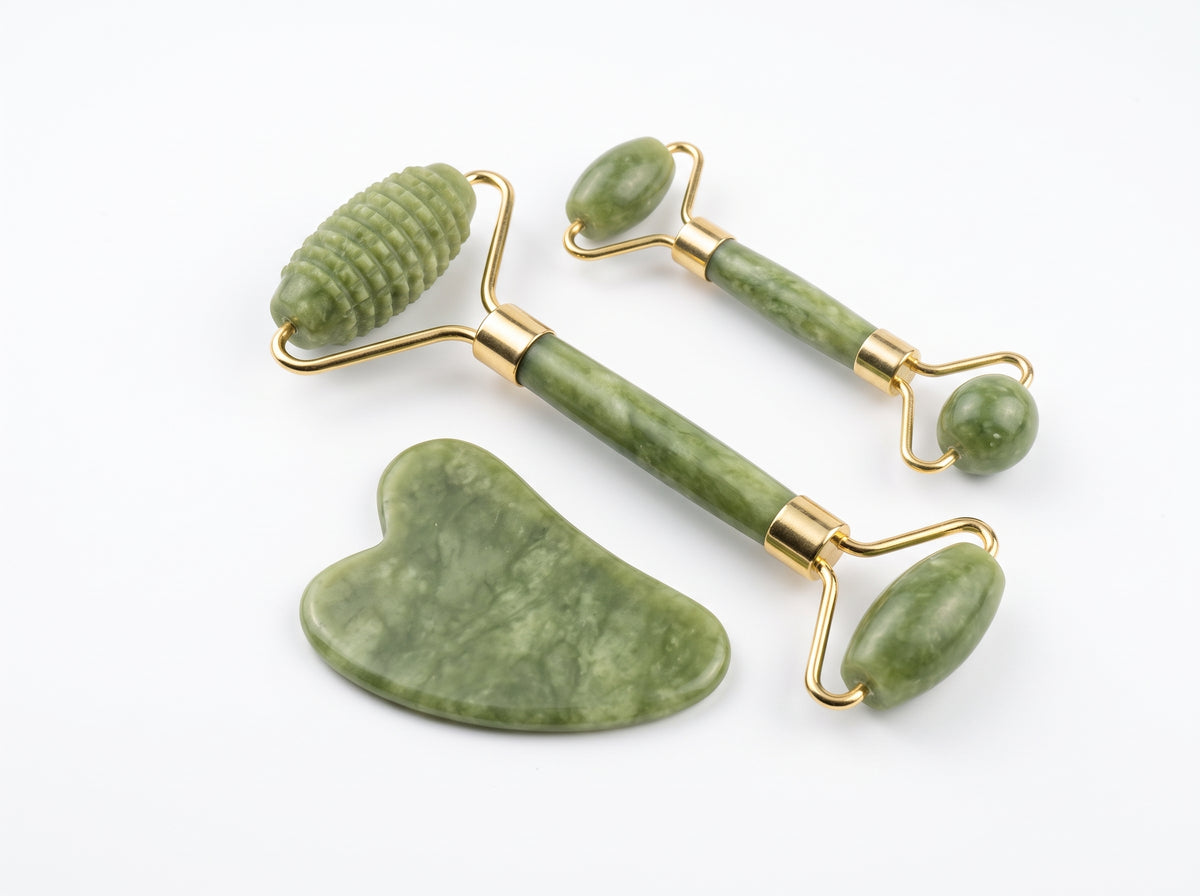 Set Ritual De Jade – Rodillo Facial Doble Cabeza + Gua Sha En Jade Natural