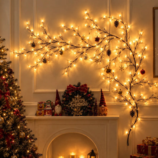 Rama de luz LED LumiWillow decorando una sala navideña