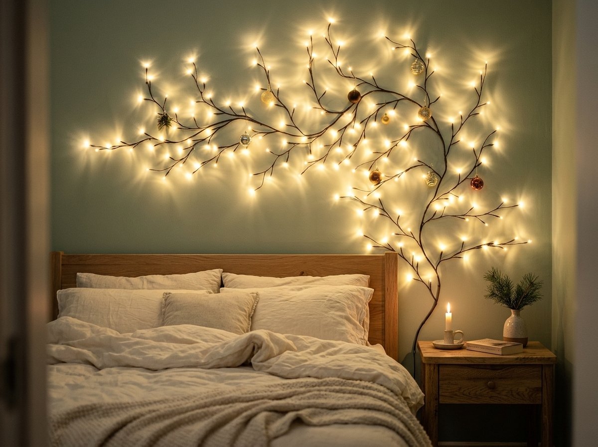 Rama de luz LED sobre la cama de un dormitorio