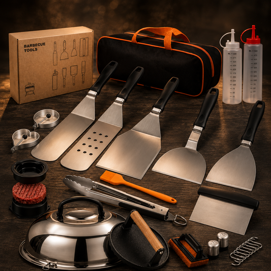 Set de herramientas BBQ BrasaIQ con estuche, ambiente de asador