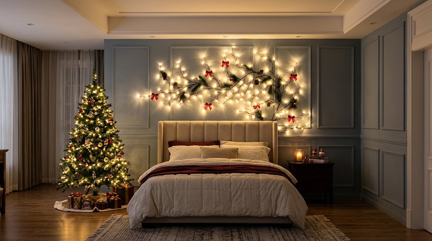 Dormitorio con la rama de luz sobre la cama