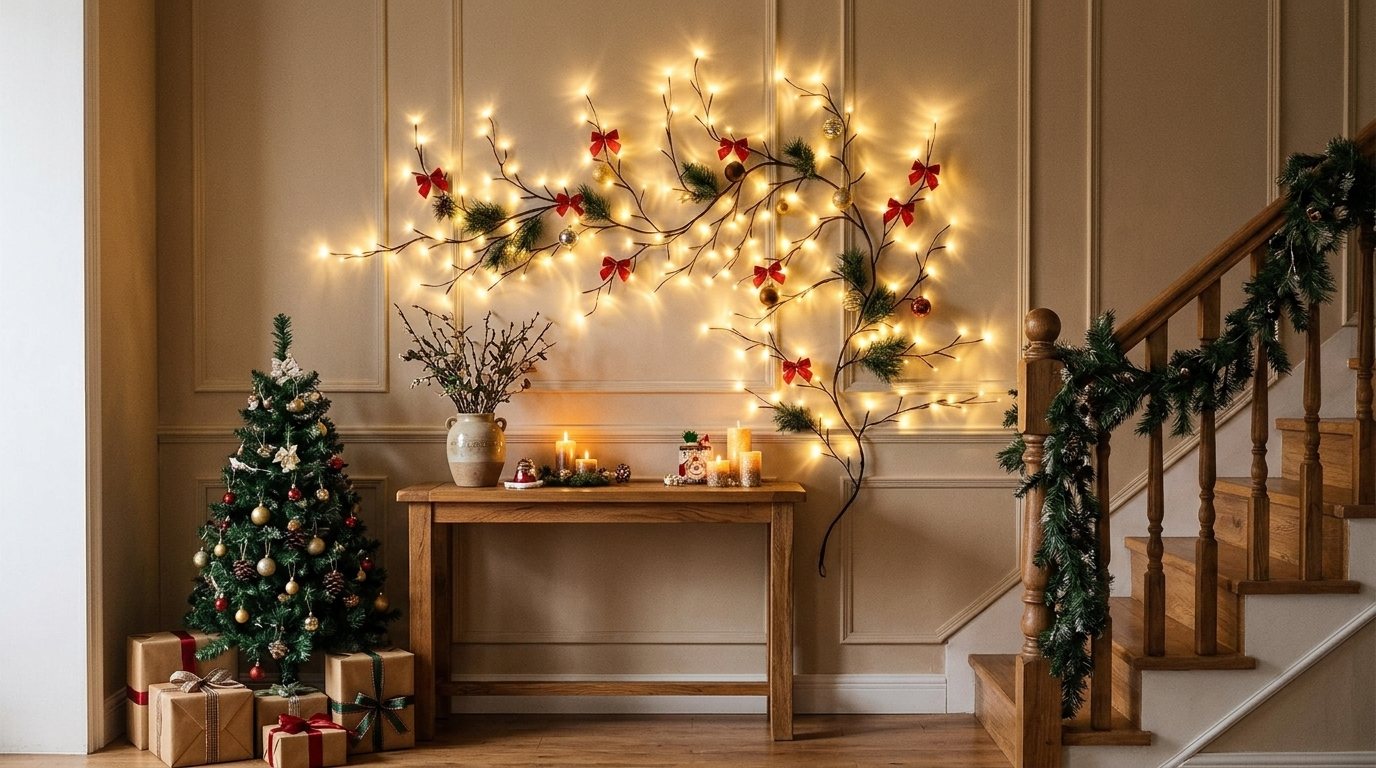 Entrada decorada con la rama de luz sobre la pared